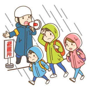 雨の中避難する家族