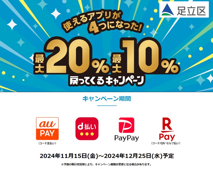 足立区でお得なキャッシュレスキャンペーン開始！最大20%ポイント還元