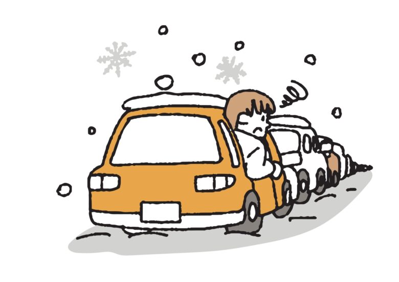 雪で長い渋滞が起きている道路　大雪の被害に遭わないためのイラスト