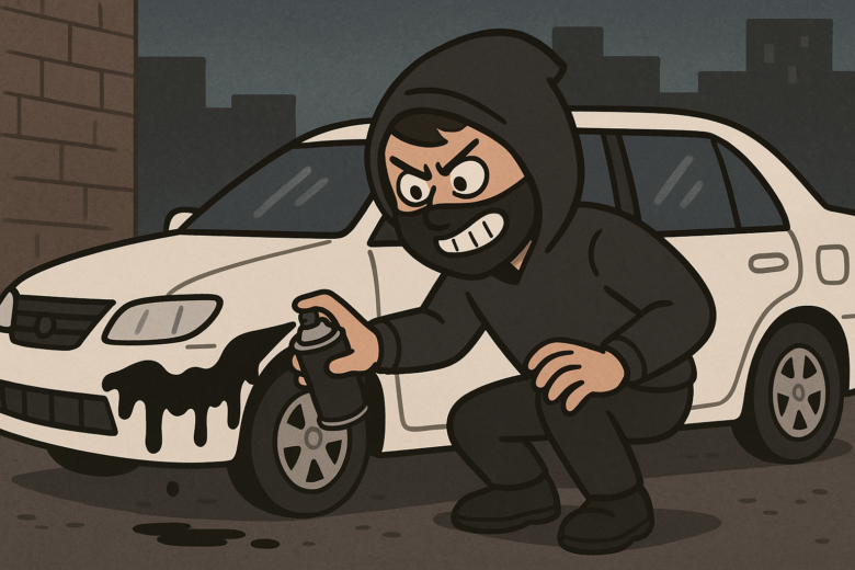 駐車中の他人の自動車に黒色のペンキを塗っていたずらする不審者のイラスト