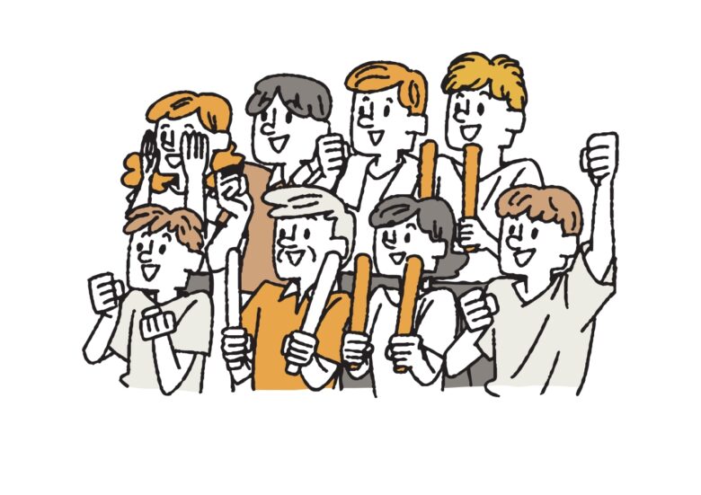 スポーツ観戦をしているサポーター　全力で応援をする集団のイラスト