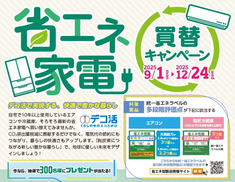 八潮市民も応募可能!九都県市が省エネ家電買替キャンペーン開始、抽選で300名に賞品