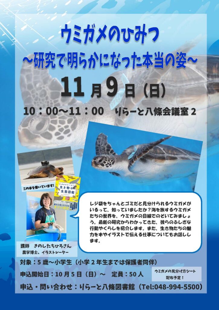 ウミガメのふしぎな世界を探ろう！りらーと八條で「ウミガメのひみつ