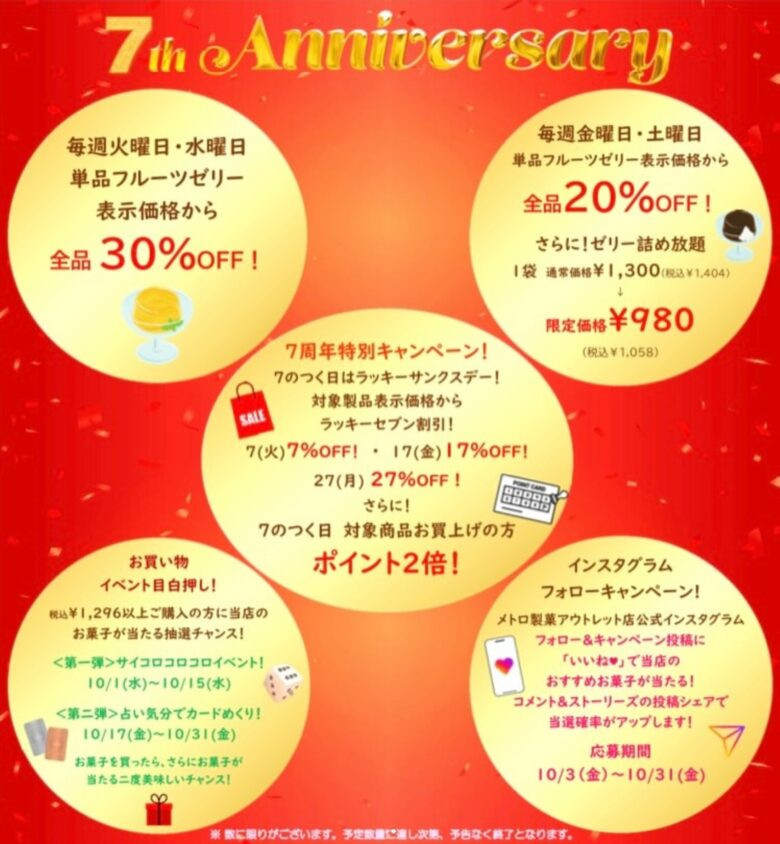 メトロ製菓アウトレットが7周年！10月限定で感謝イベントを毎日開催