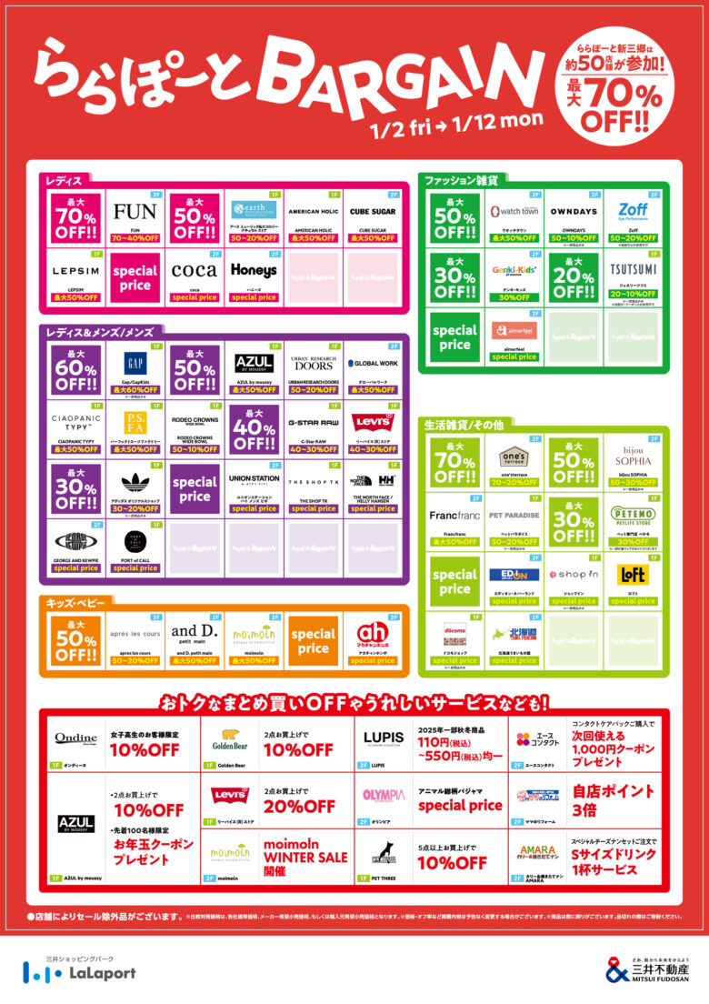 ららぽーと新三郷で「ららぽーとバーゲン」開催　約50店舗参加の新春セール