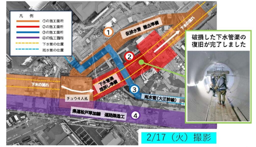 道路陥没事故 八潮市・県道松戸草加線の復旧進む 4月の暫定2車線開通を