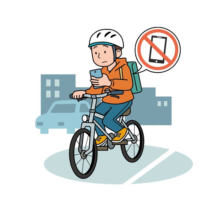 スマホを見ながら自転車を運転する男性 イラスト