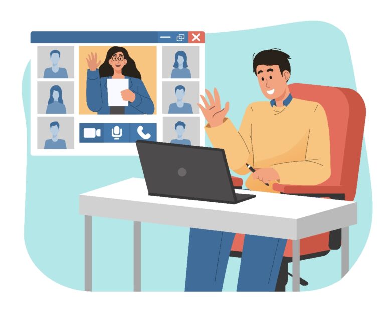 Young man speak on web conference with his colleagues using laptop. Online meeting concept