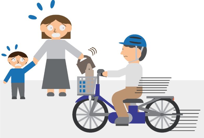 歩行者がいる中を猛スピードで進む自転車のイメージ素材