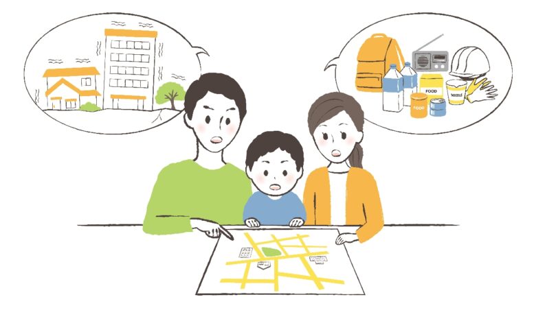 ハザードマップで避難経路を確認する家族のイラスト