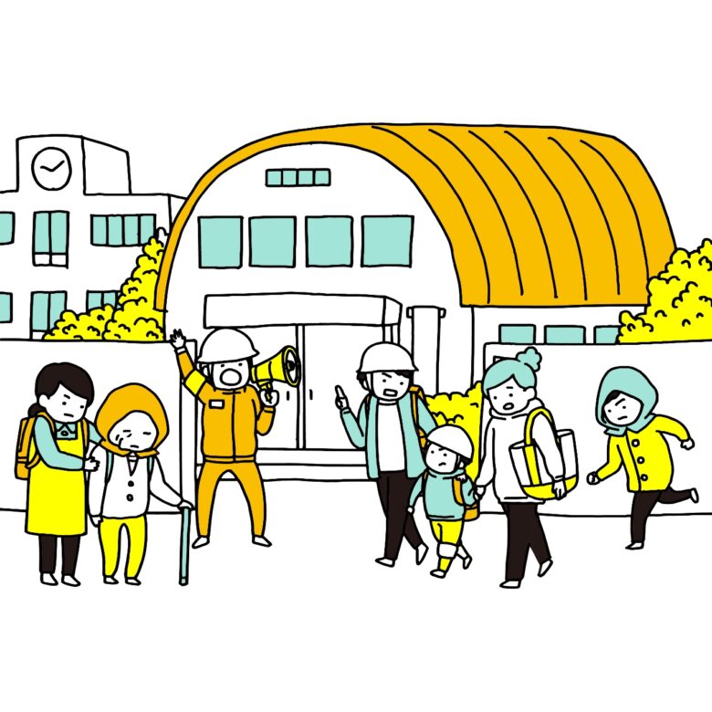 災害時に近所の学校の避難所へ向かう家族