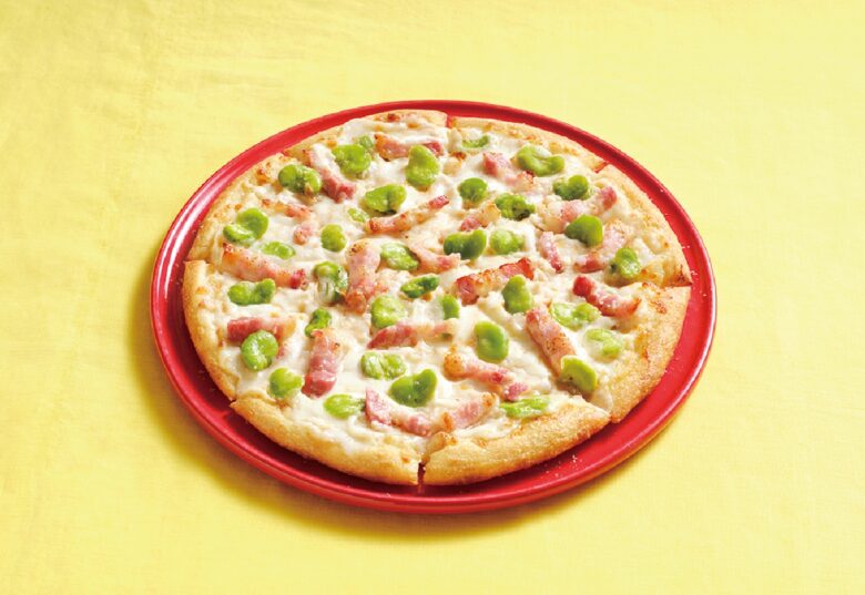 パンチェッタとそら豆の桜えびソース（駿河湾産桜えびソース使用）