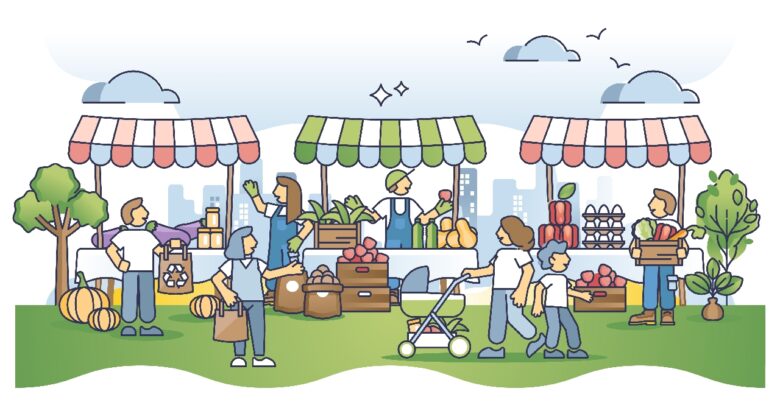 Farmers market and fresh grocery shopping from bazaar outline concept. Direct product purchase from peasant as modern, sustainable and nature friendly lifestyle vector illustration. Eat local food.