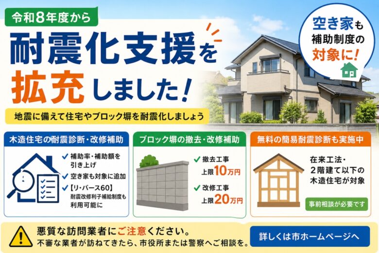 八潮市が耐震化支援を拡充 空き家も対象に、住宅・ブロック塀の補助制度を強化