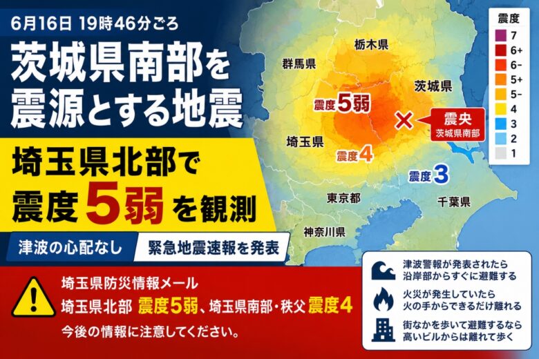 茨城県南部を震源とする地震で埼玉県北部が震度5弱　八潮市でも震度3を観測