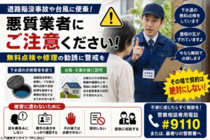 道路陥没事故や台風に便乗した悪質業者に注意　埼玉県内で無料点検を装う訪問・電話勧誘に警戒