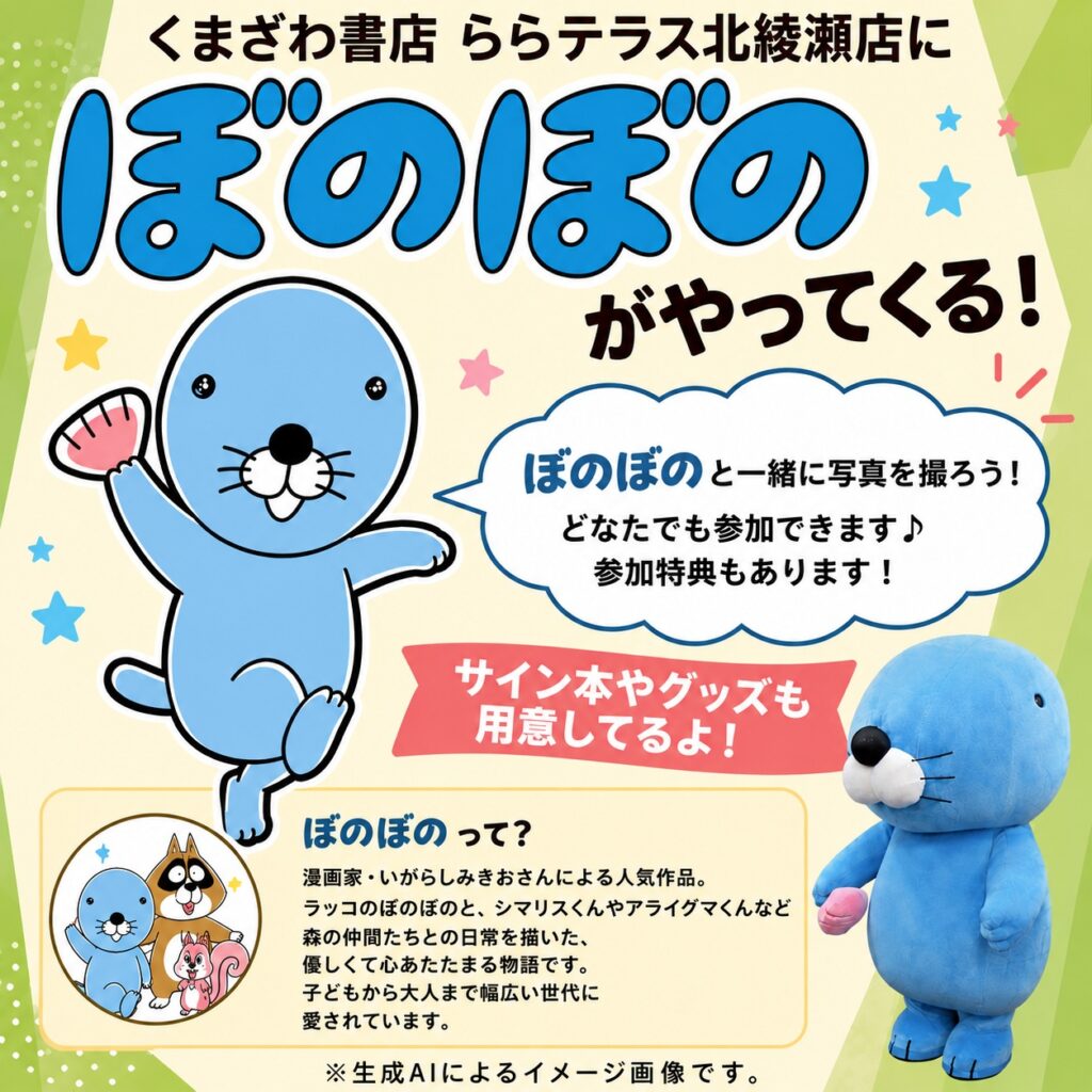 北綾瀬】ぼのぼのがららテラス北綾瀬に登場！ツーショットチェキ会や
