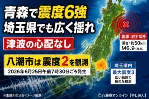 青森で震度6強、埼玉県でも広く揺れ　八潮市は震度2を観測、津波の心配なし