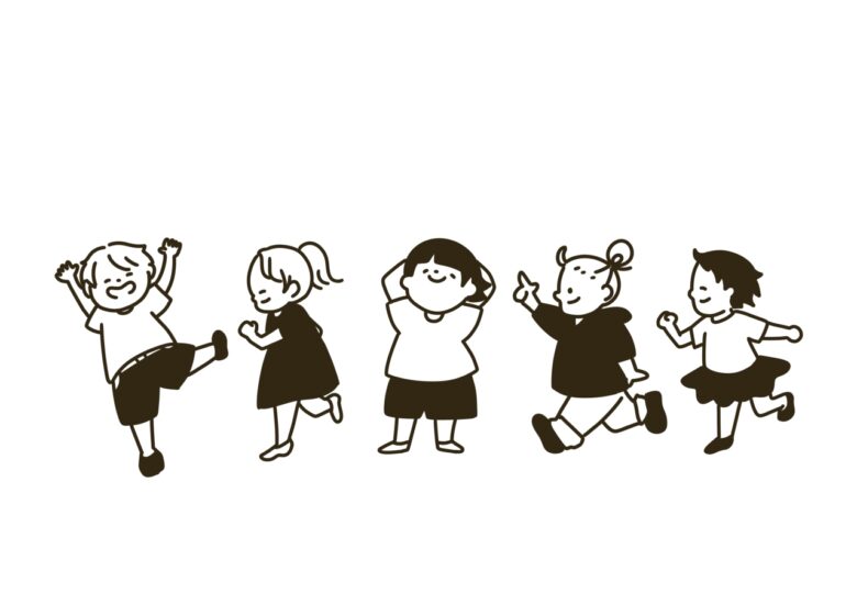 列になって走る子どもたち　かわいいイラスト線画集