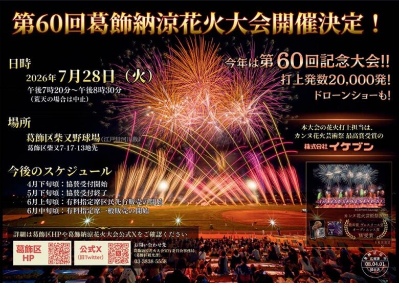 葛飾納涼花火大会が7月28日開催決定!記念すべき第60回は約2万発&ドローンショーも