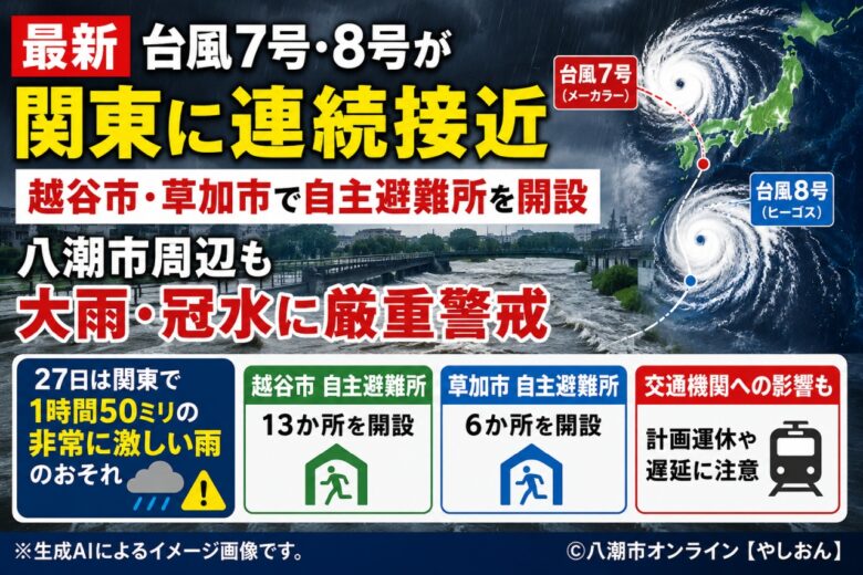 【最新】台風7号・8号が関東に連続接近　越谷市・草加市で自主避難所を開設　八潮市周辺も大雨・冠水に厳重警戒