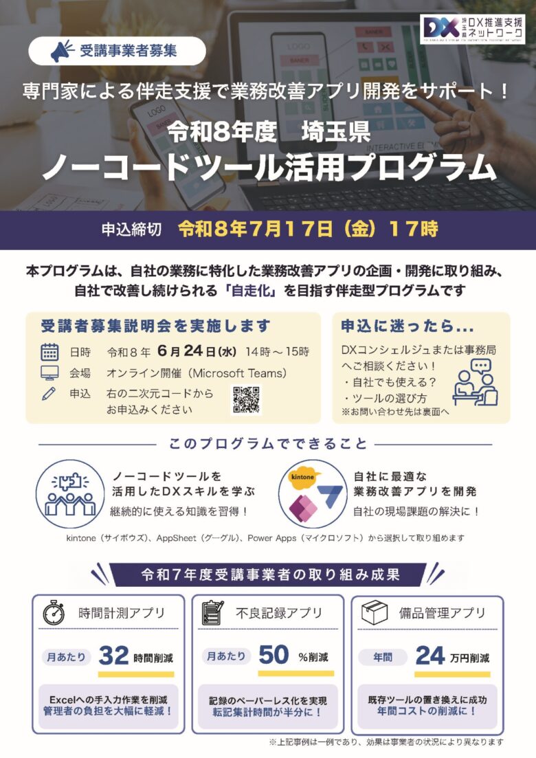 埼玉県が県内中小企業向け「ノーコードツール活用プログラム」参加者を募集 業務改善アプリ開発を無料で伴走支援