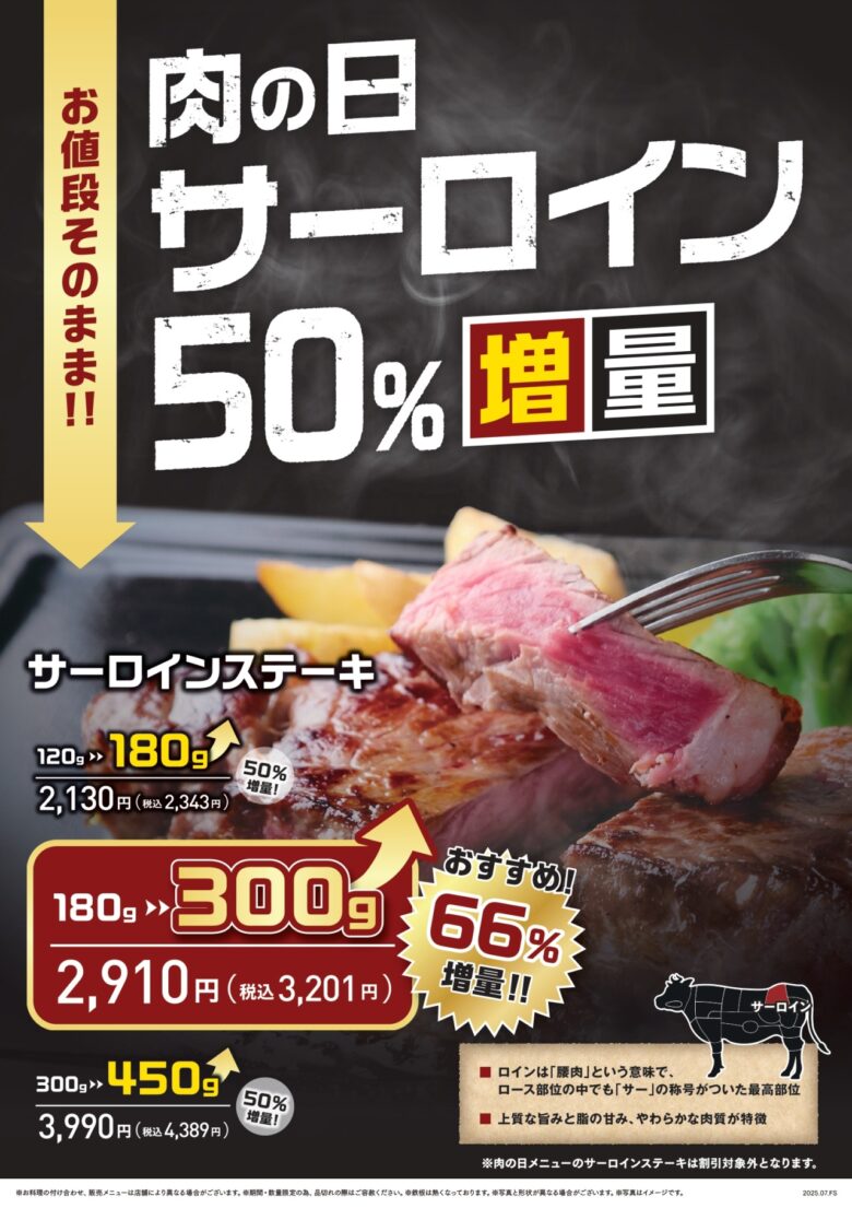 【6月27日・28日限定】ステーキのあさくま「肉の日」が進化！人気3種のステーキが50％増量に