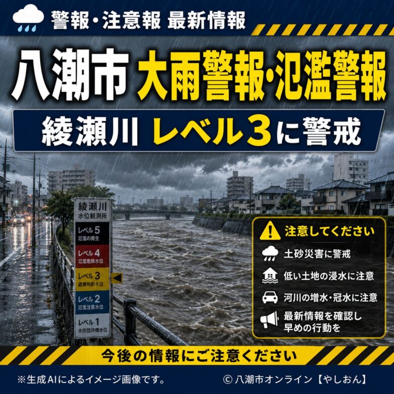 【八潮市】大雨・氾濫警報を発表 綾瀬川もレベル3、今後の水位上昇に警戒