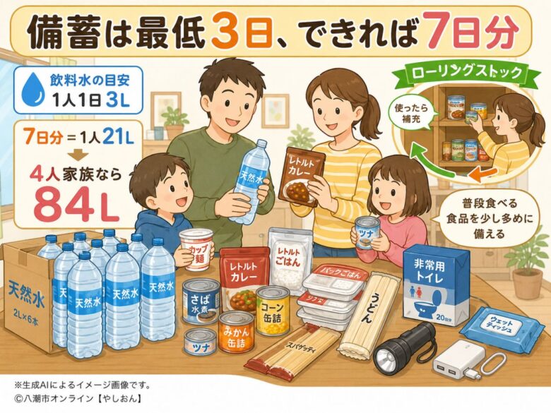 備蓄は最低3日、できれば7日分