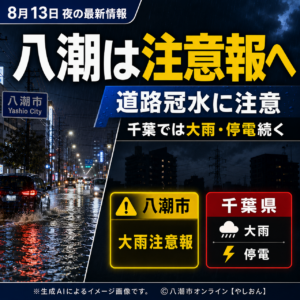 【8月13日22時45分】八潮は注意報へ、市内冠水に注意　千葉では特別警報と大規模停電