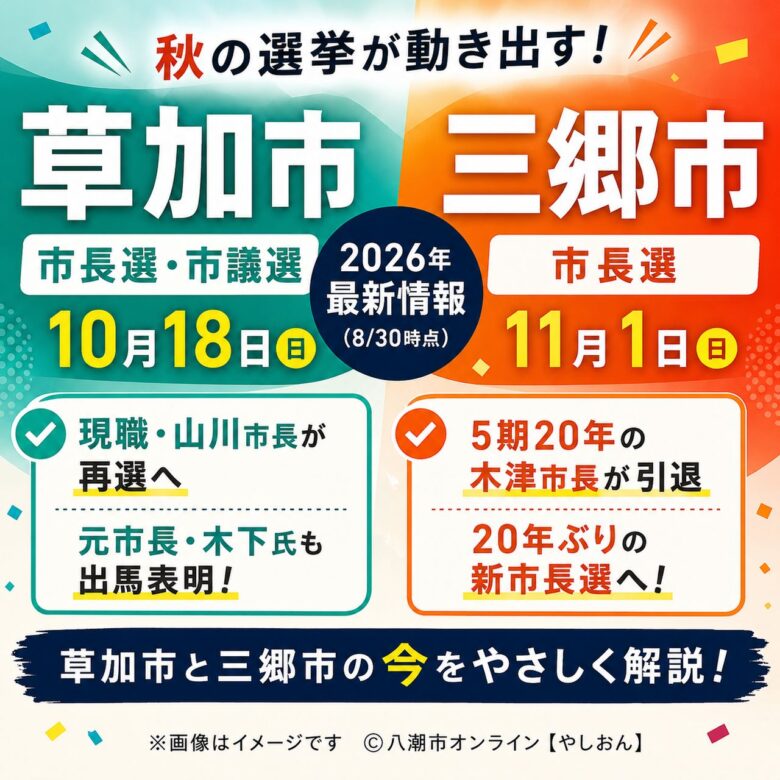 草加は現職・元市長が出馬へ、三郷は20年ぶり新市長選び 秋の選挙が動き出す