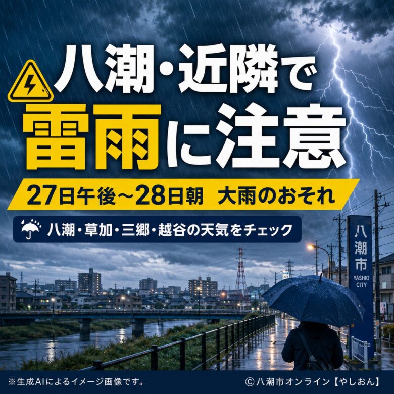 八潮・近隣で雷雨に注意 27日午後は雨強まる恐れ、28日朝も不安定