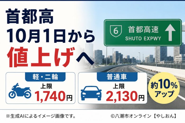 首都高10月1日から値上げ バイク上限1,740円、普通車2,130円へ