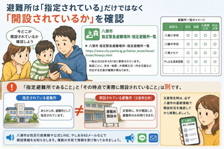 避難所は「指定されている」だけではなく「開設されているか」を確認