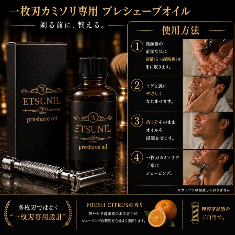 八潮に製造拠点を置く三和油脂興業、「ETSUNIL」からプレシェーブオイル発売