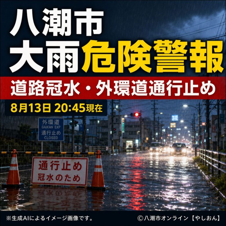 【8月13日20時45分】八潮市は大雨危険警報 道路冠水、外環道で通行止め