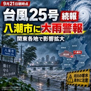 【続報】八潮市に大雨警報継続　台風25号、21日昼前～夜は線状降水帯に警戒