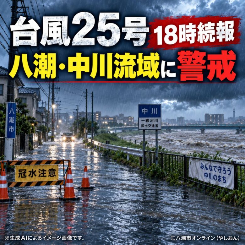 【18時台続報】八潮市で道路冠水、中川は氾濫注意水位超え 台風25号は夜も警戒
