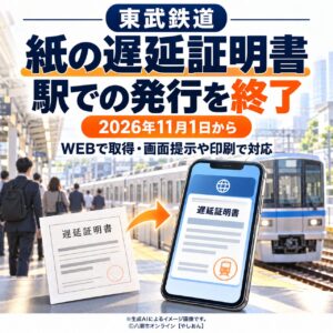 東武鉄道、11月1日から駅での「紙の遅延証明書」を終了　通勤・通学時の受け取り方が変わります