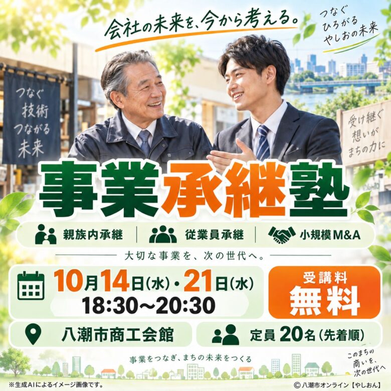 八潮で「事業承継塾」10月開催 親族・従業員承継から小規模M&Aまで無料で学ぶ