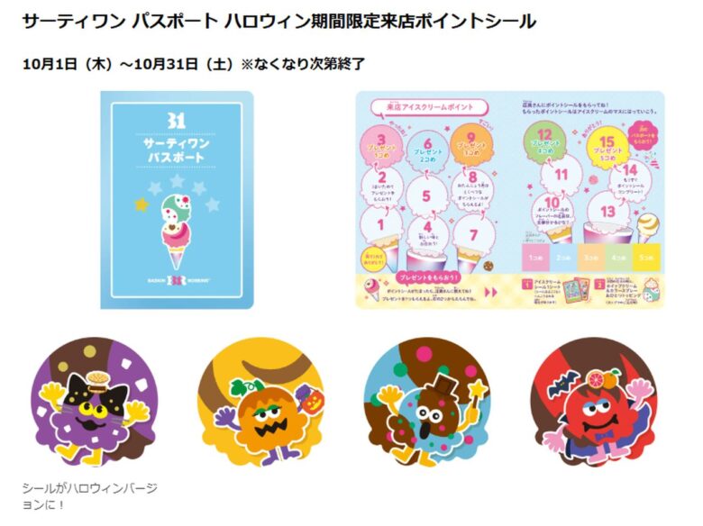 サーティワン パスポート ハロウィン期間限定来店ポイントシール