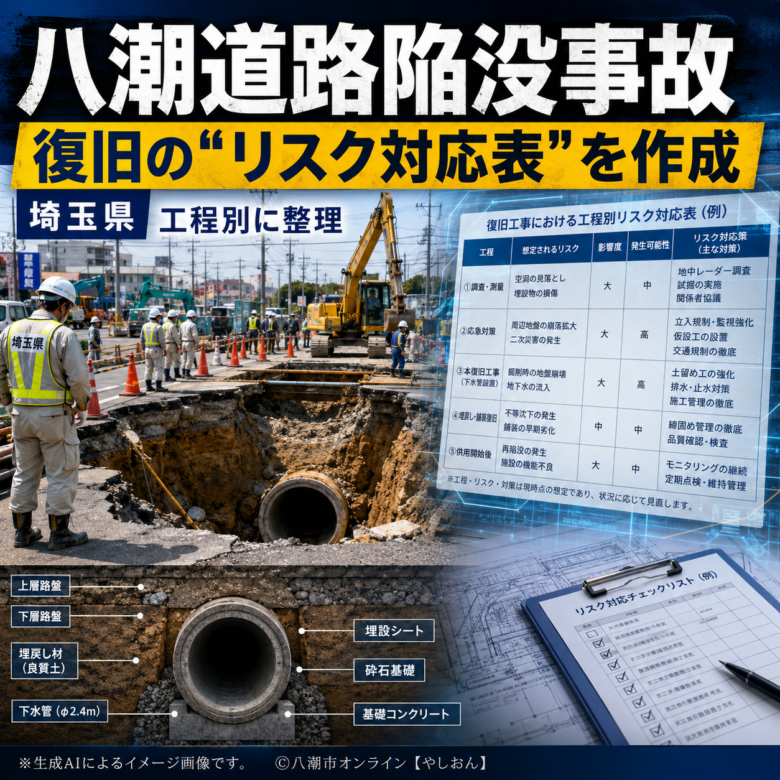 八潮道路陥没の復旧、県が「対応整理表」を作成　工事後もリスク監視へ