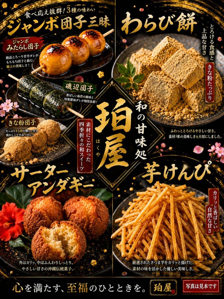ららぽーと新三郷に「和の甘味処 珀屋」期間限定出店 大きなお団子やわらび餅がずらり