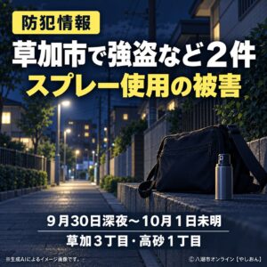 草加市内でスプレーを使った強盗など２件発生　草加３丁目・高砂１丁目で警戒を