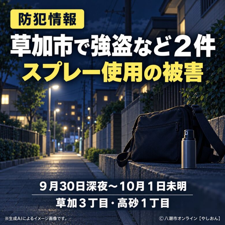 草加市内でスプレーを使った強盗など２件発生　草加３丁目・高砂１丁目で警戒を