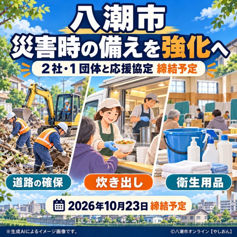 八潮市、道路復旧・炊き出し・衛生用品で災害への備え強化へ 3事業者と協定締結予定