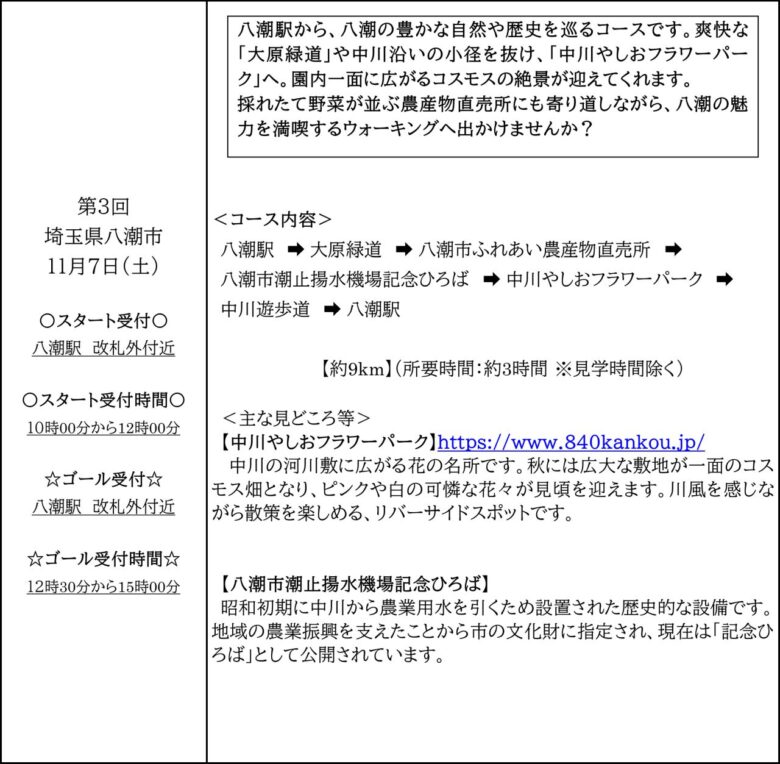 八潮の秋を歩く約9km。コスモスや直売所を巡る「TX沿線トリップウォーク」11月7日開催